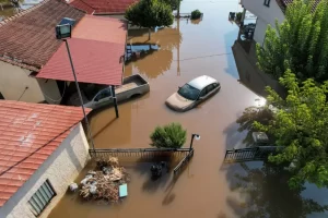 Cars are submerged in a flooded area in the aftermath of Storm Daniel in Megala Kalyvia, Greece [Giannis Floulis/Reuters]