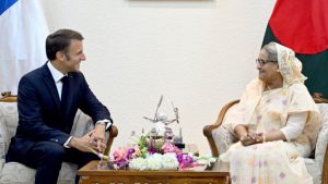 Prime Minister Sheikh Hasina and visiting French President Emmanuel Macron held talks at the Chameli Hall of the Prime Minister's Office on 11 September 2023.Photo: PID