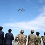 The South Korean Air Force Black Eagles aerobatic team performs during Seoul International Aerospace & Defence Exhibition in Seongnam, South Korea, on October 17. Photo: Reuters